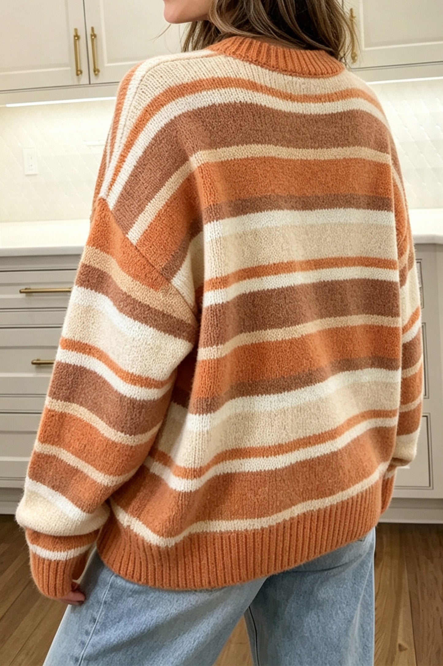 Orange Stripe Dropped Shoulder Loose Pullover Sweater