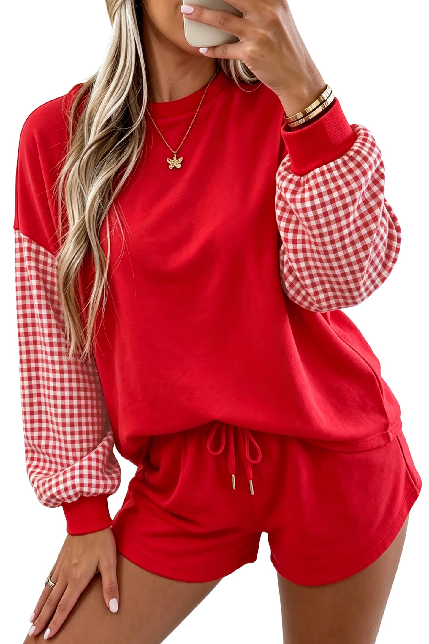 Blue Plaid Patchwork Long Sleeve Top Solid Drawstring Shorts Set