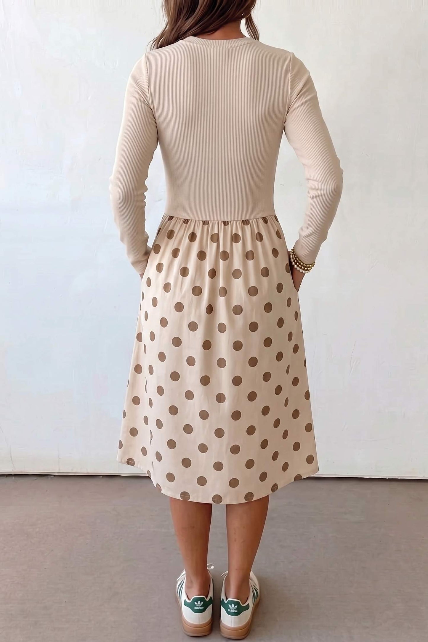 Beige Polka Dot Midi Long Sleeve Dress