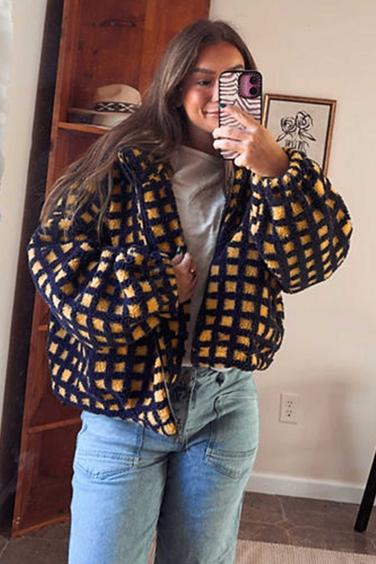 Blue Plaid Sherpa Fleece Zip Up Jacket