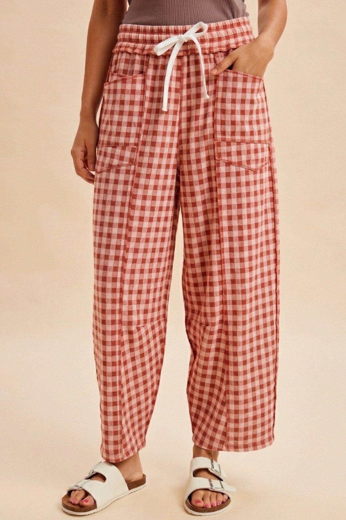 Green Plaid Contrast Trim Drawstring Elastic Waist Shift Pants