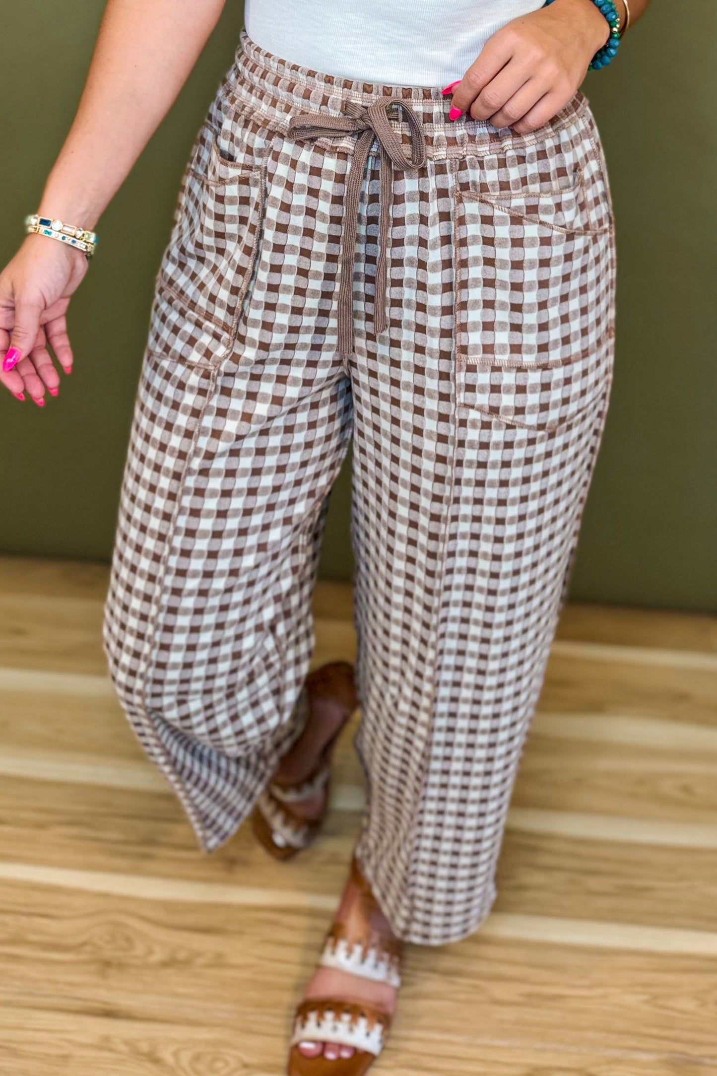 Green Plaid Contrast Trim Drawstring Elastic Waist Shift Pants