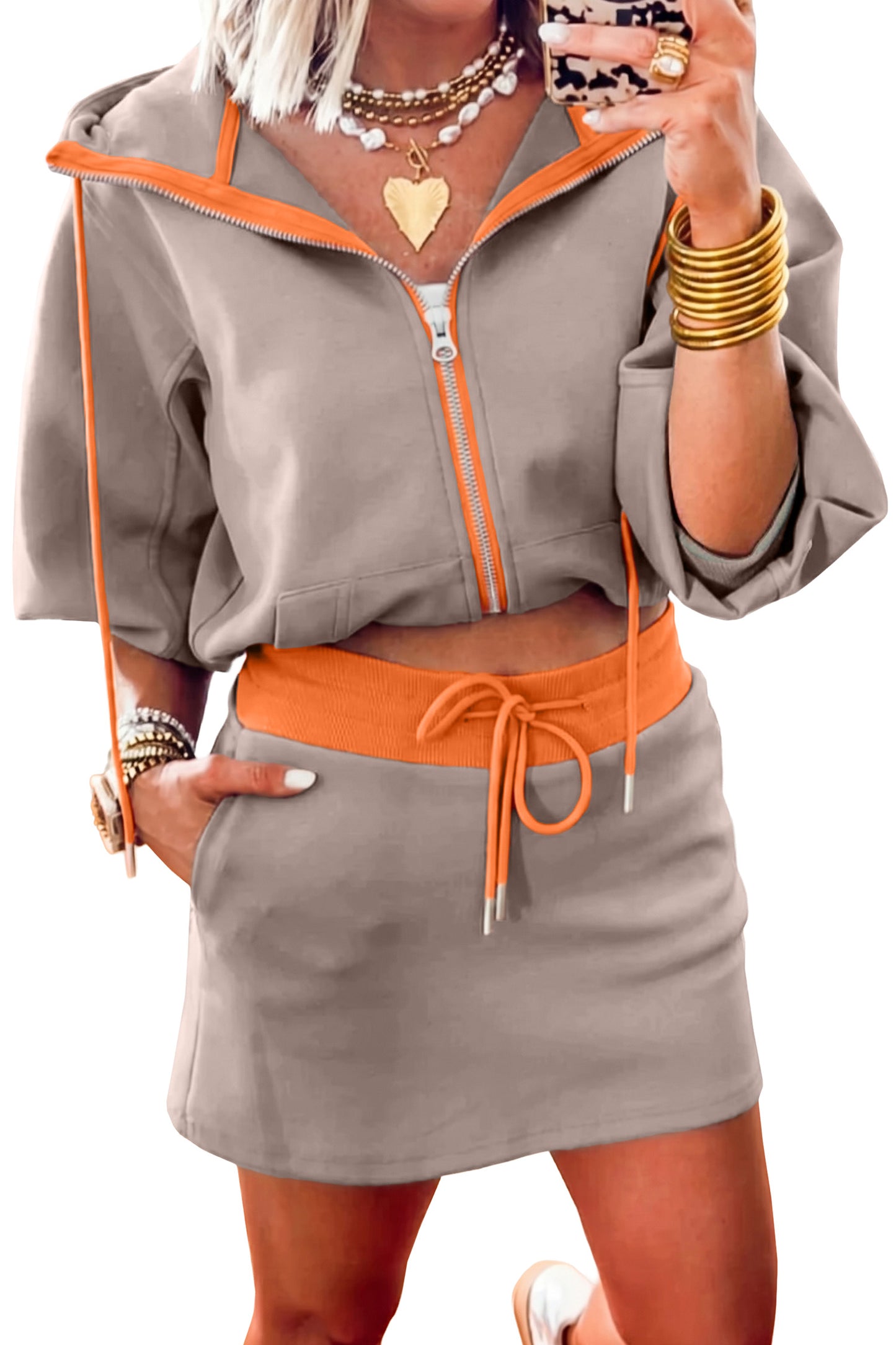 Moss Green Contrast Trim Zip Up Sporty Jacket Drawstring Mini Skort 2pcs Set