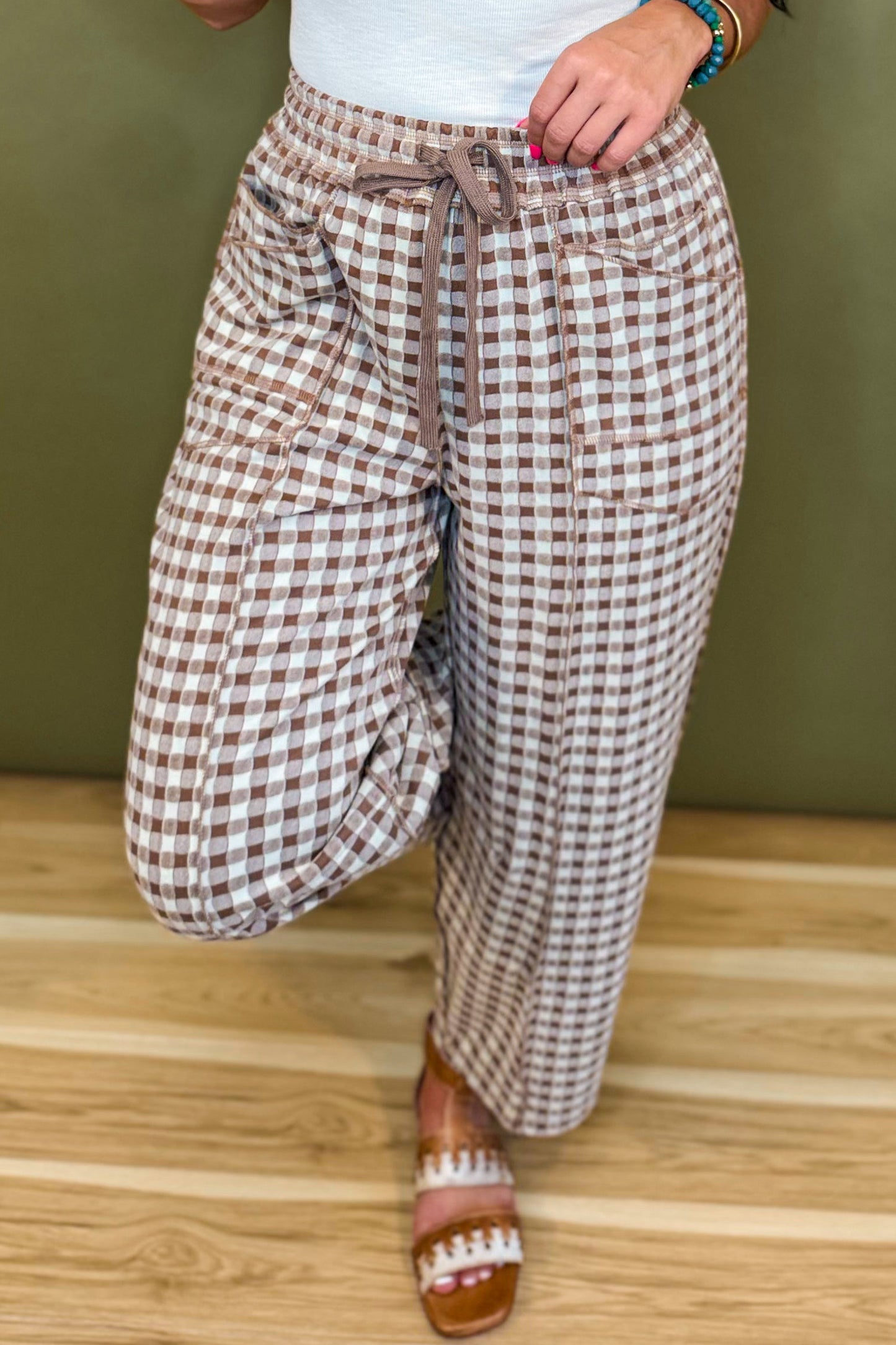 Green Plaid Contrast Trim Drawstring Elastic Waist Shift Pants