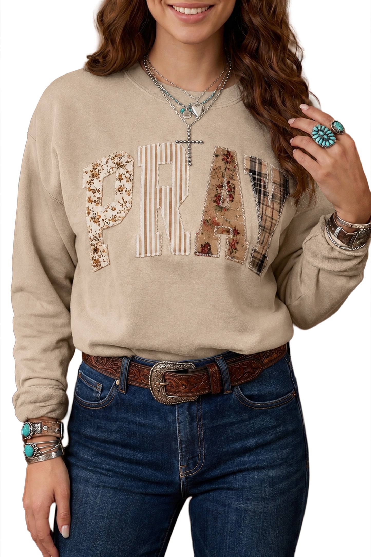 Racing Red Floral Buffalo Plaid Striped Embroidered Patch Western Pullover Sweatshirt