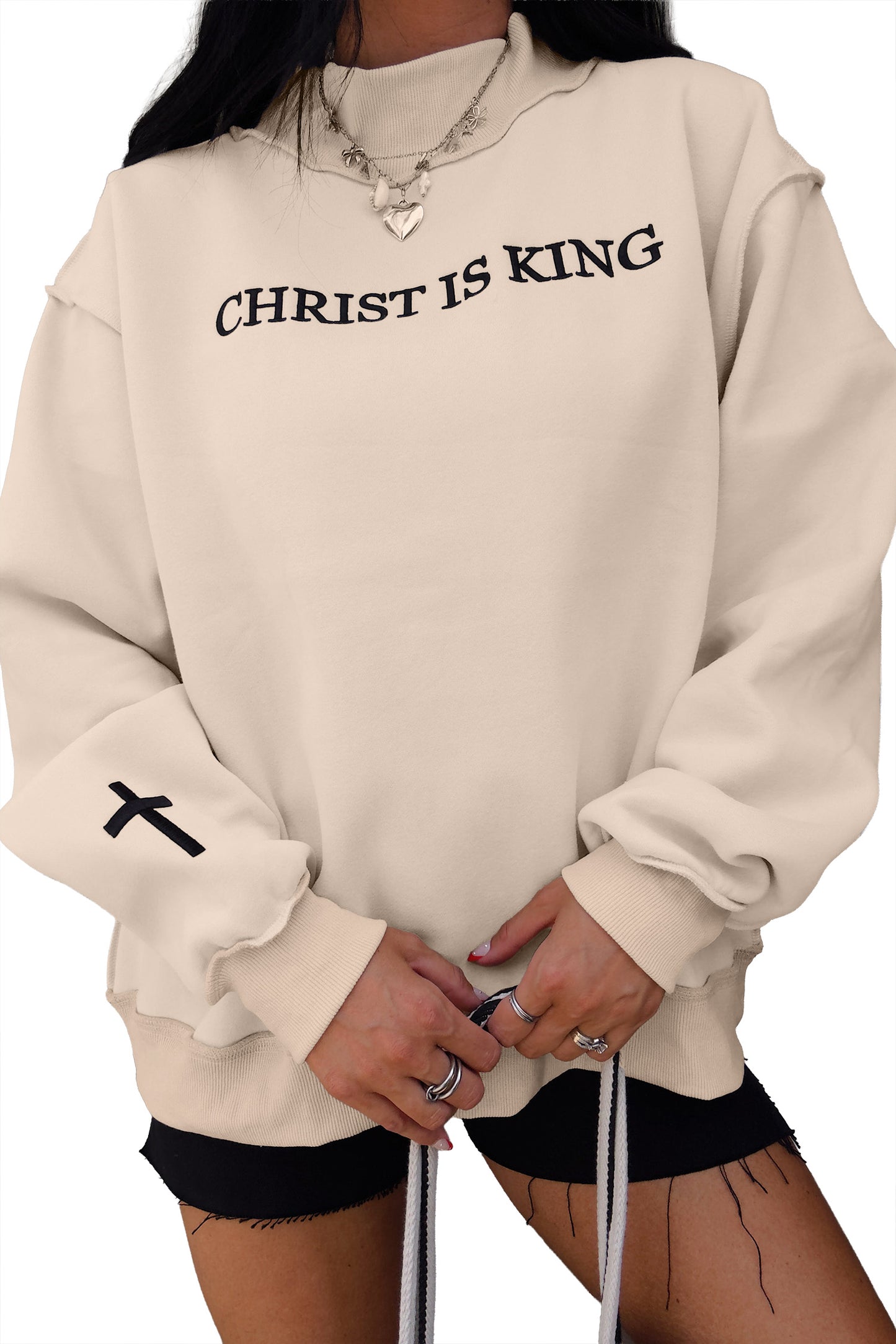 Black CHRIST IS KING Embroidery High Neck Baggy Sweatshirt