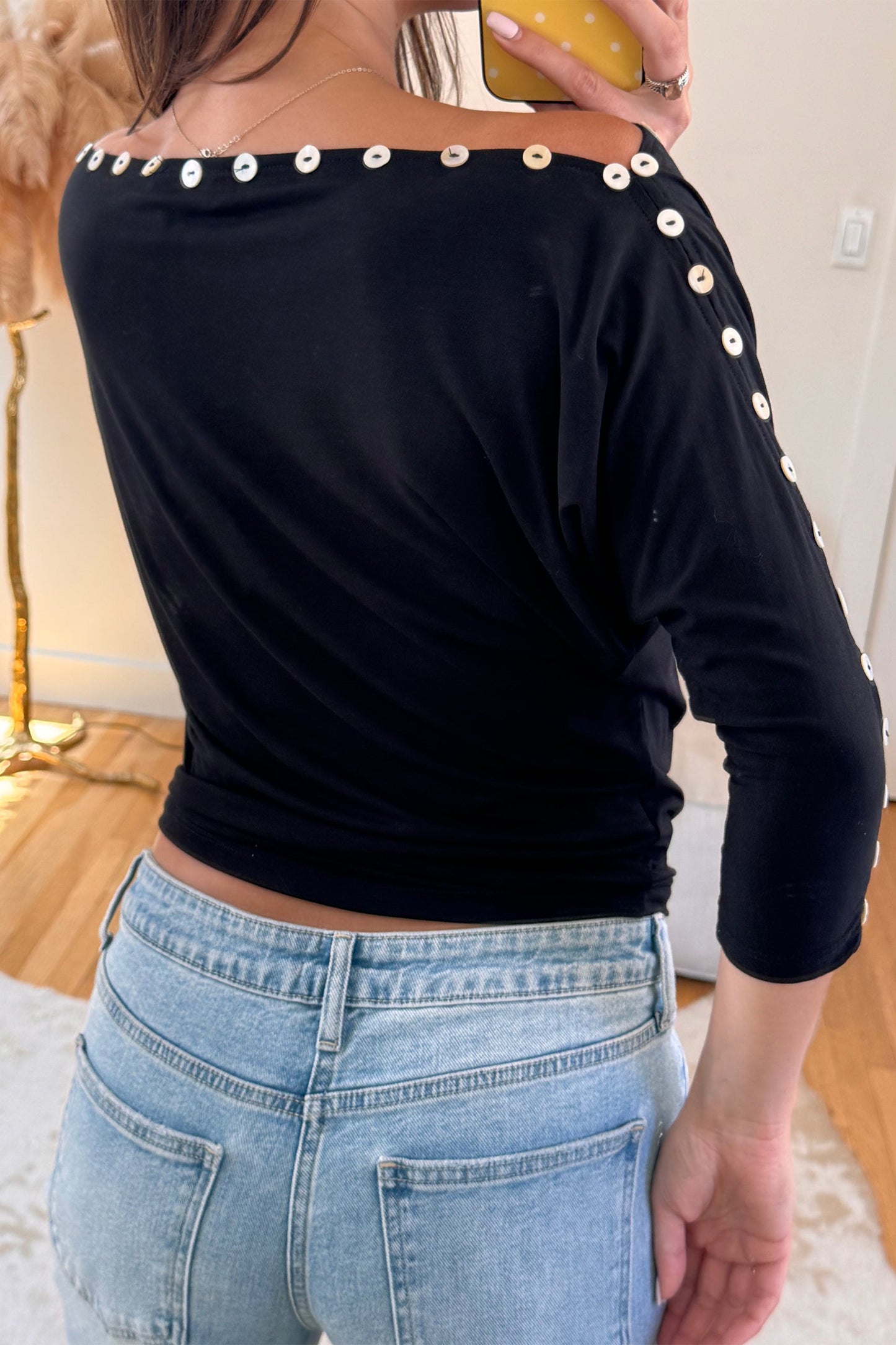 Black 3/4 Sleeve Button Detail Off Shoulder Top