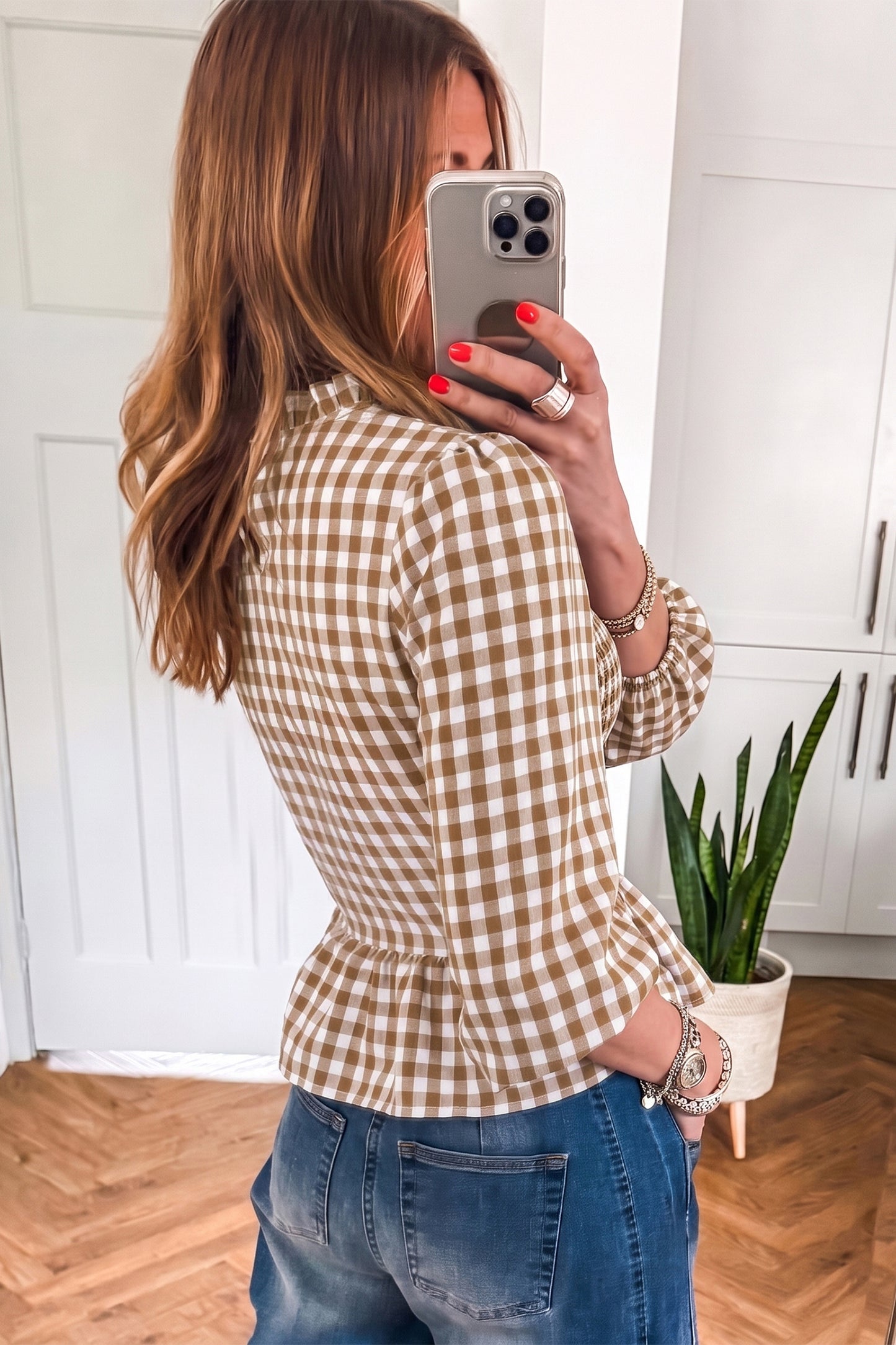 Green 3/4 Sleeve Shirred Plaid Peplum Top