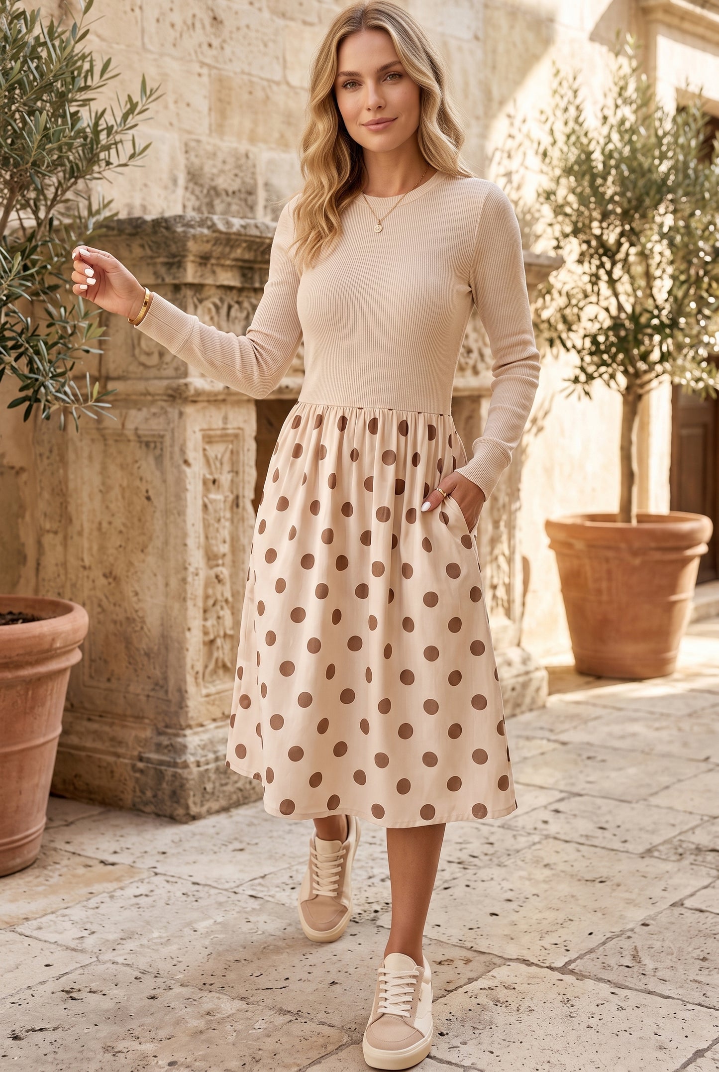 Beige Polka Dot Midi Long Sleeve Dress