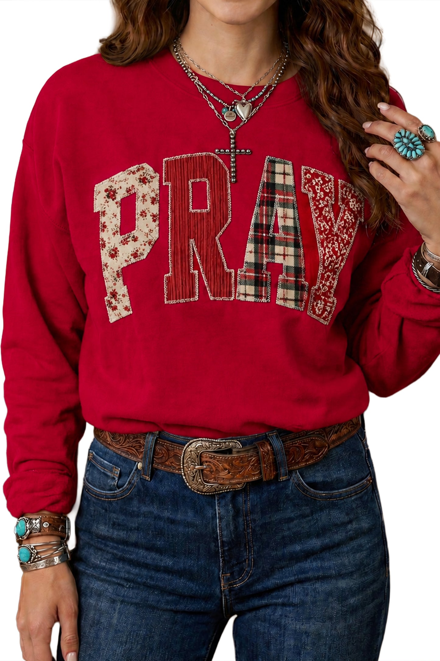 Racing Red Floral Buffalo Plaid Striped Embroidered Patch Western Pullover Sweatshirt