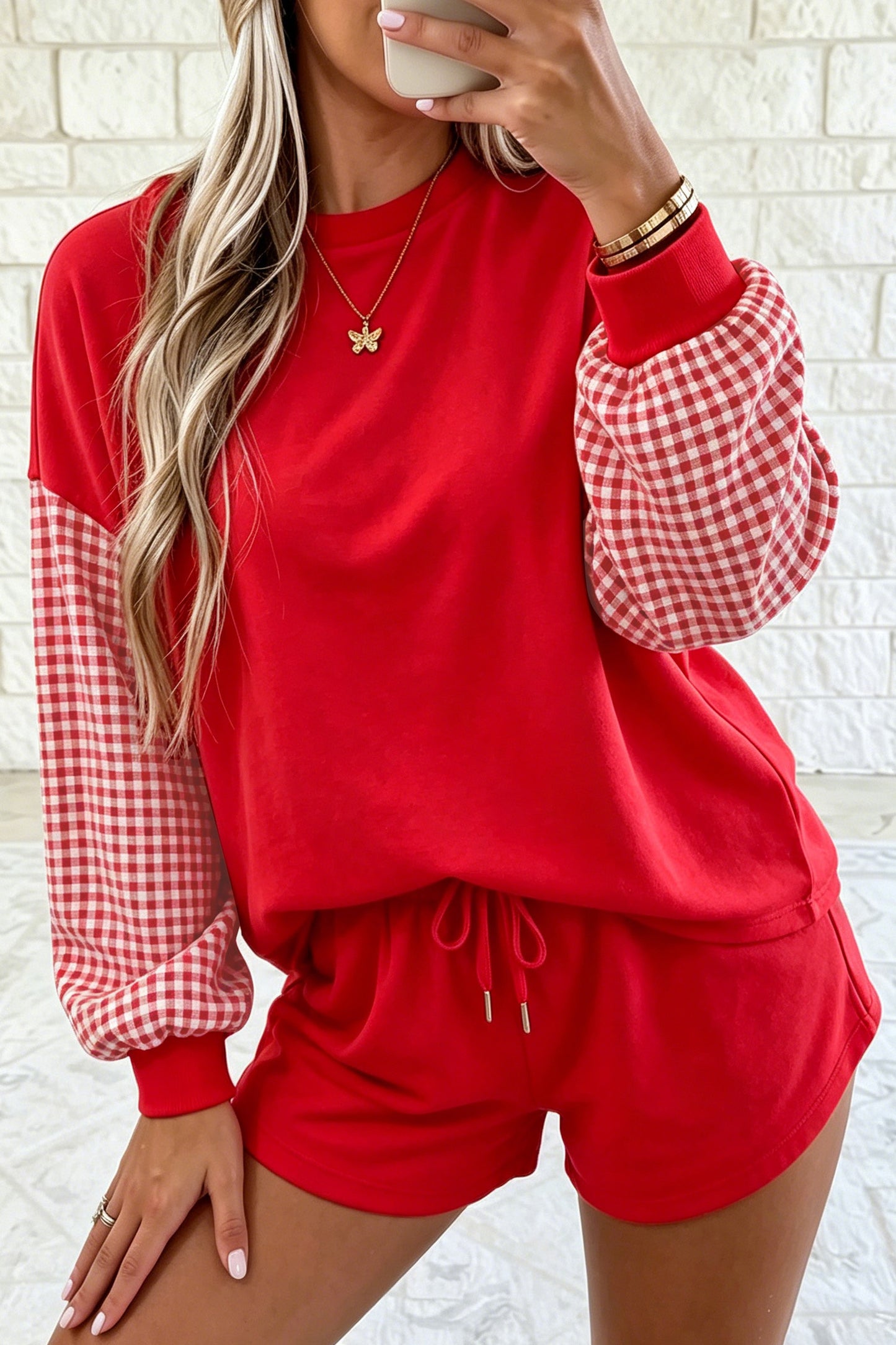 Blue Plaid Patchwork Long Sleeve Top Solid Drawstring Shorts Set