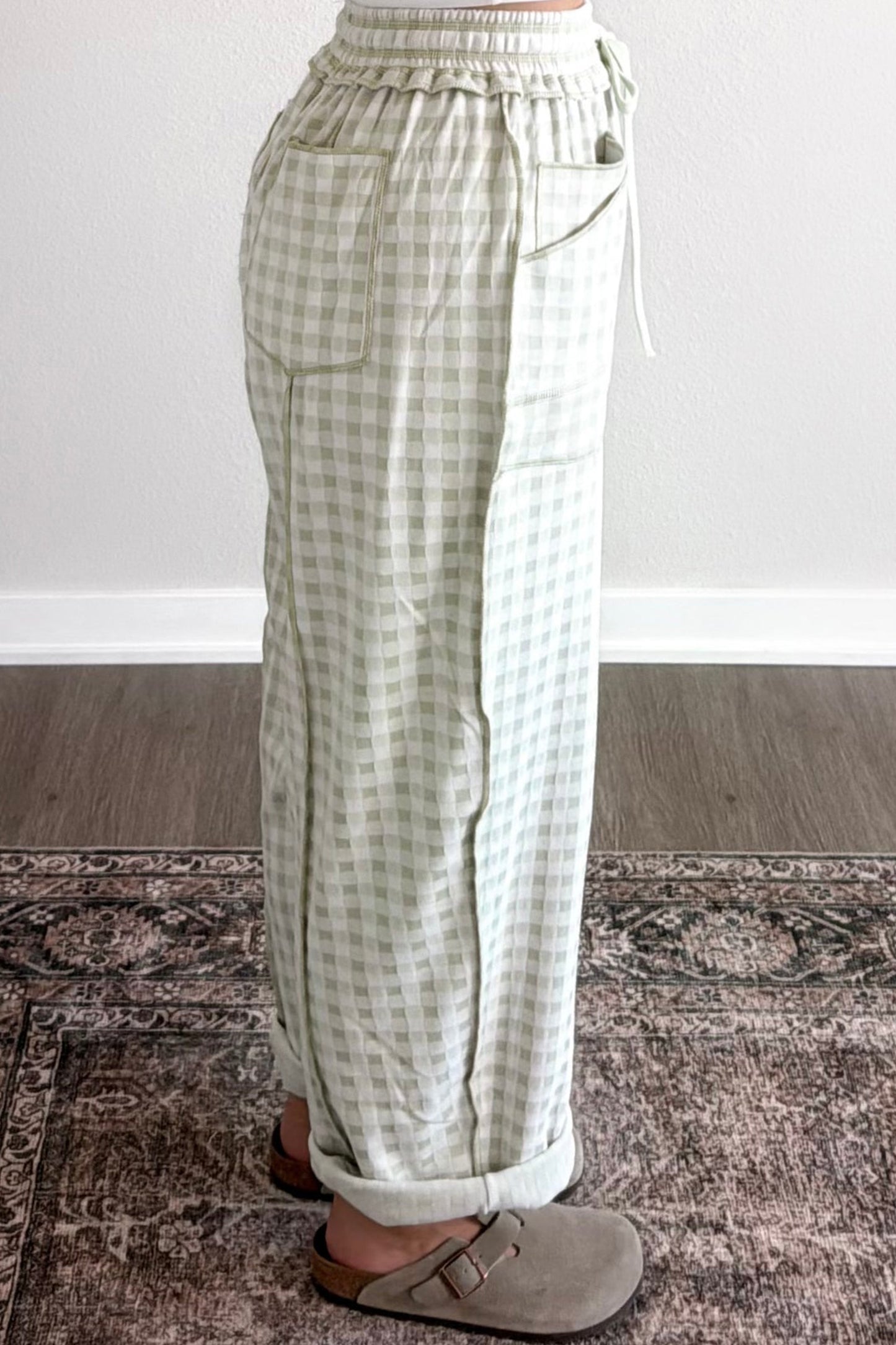 Green Plaid Contrast Trim Drawstring Elastic Waist Shift Pants