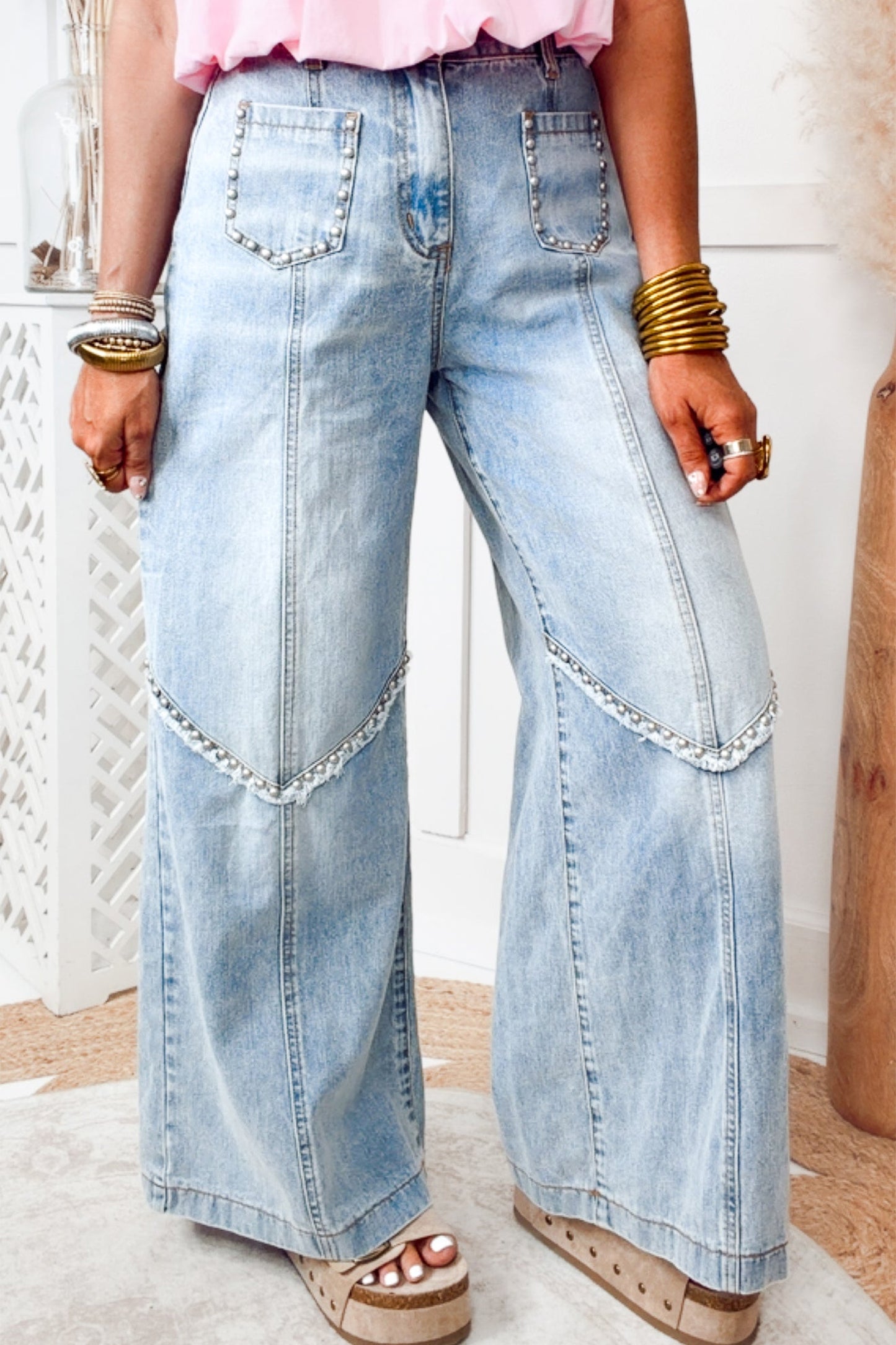 Beau Blue Frayed Studded Detail Wide Leg Pocketed Jeans