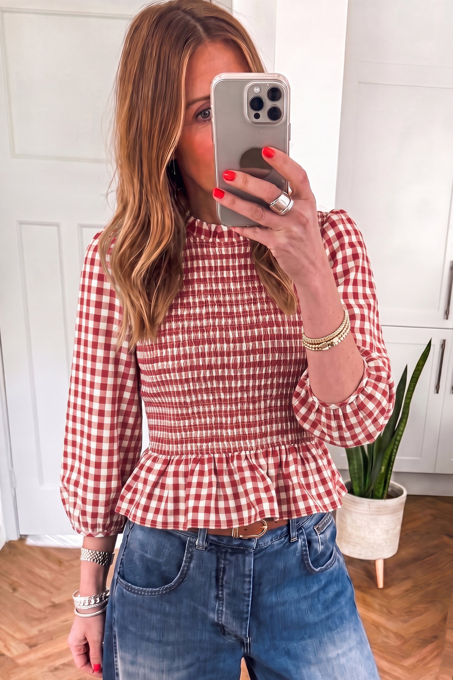 Green 3/4 Sleeve Shirred Plaid Peplum Top