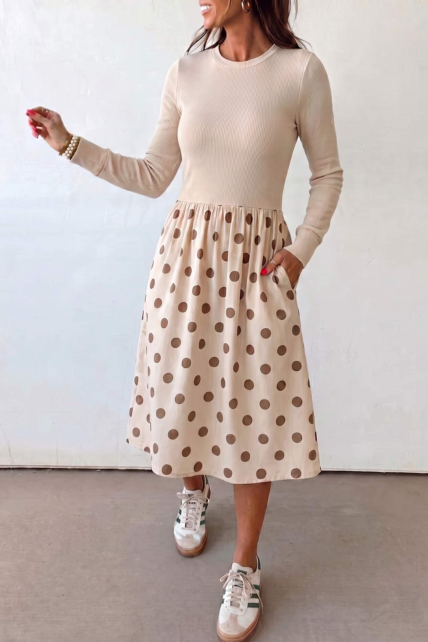 Beige Polka Dot Midi Long Sleeve Dress