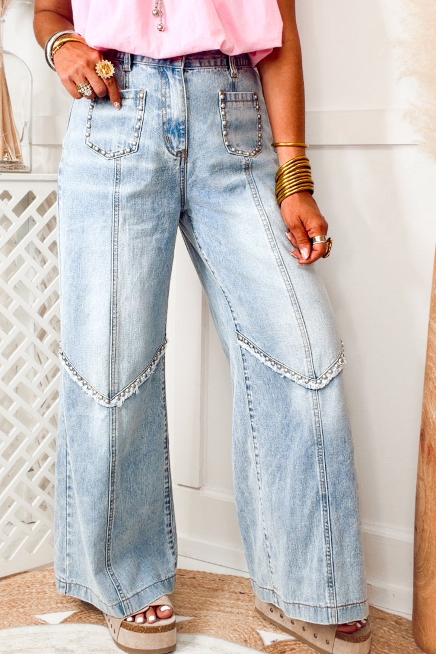 Beau Blue Frayed Studded Detail Wide Leg Pocketed Jeans
