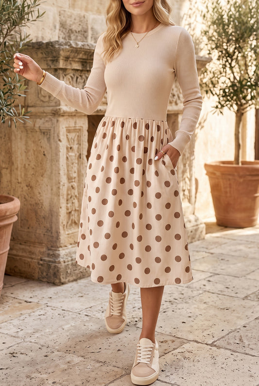 Beige Polka Dot Midi Long Sleeve Dress