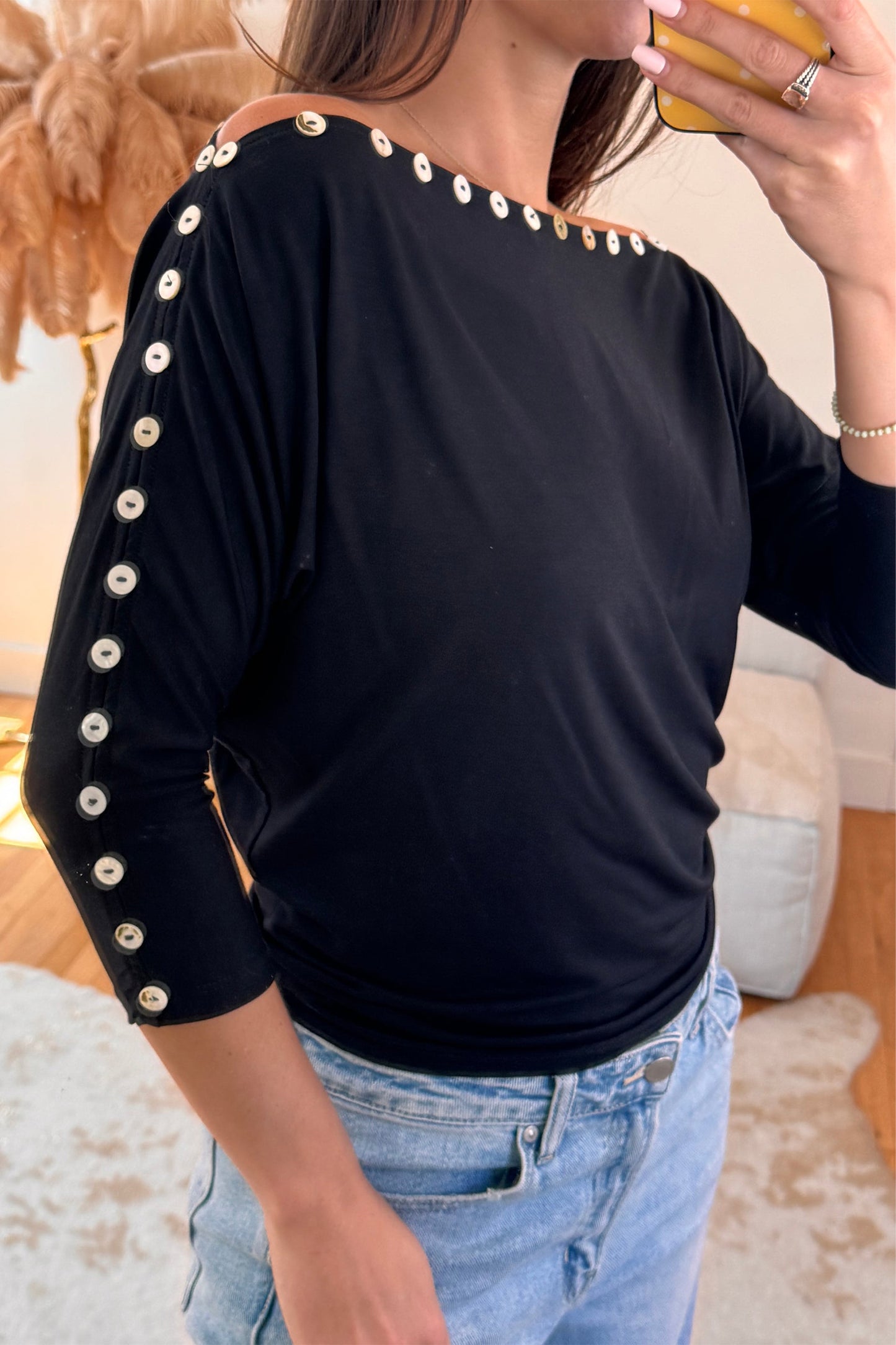 Black 3/4 Sleeve Button Detail Off Shoulder Top
