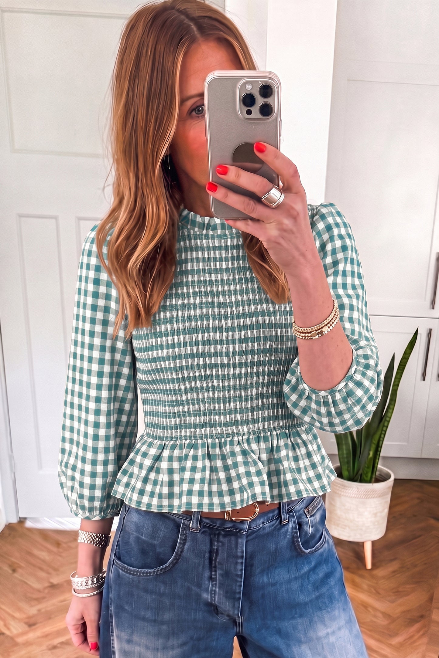 Green 3/4 Sleeve Shirred Plaid Peplum Top