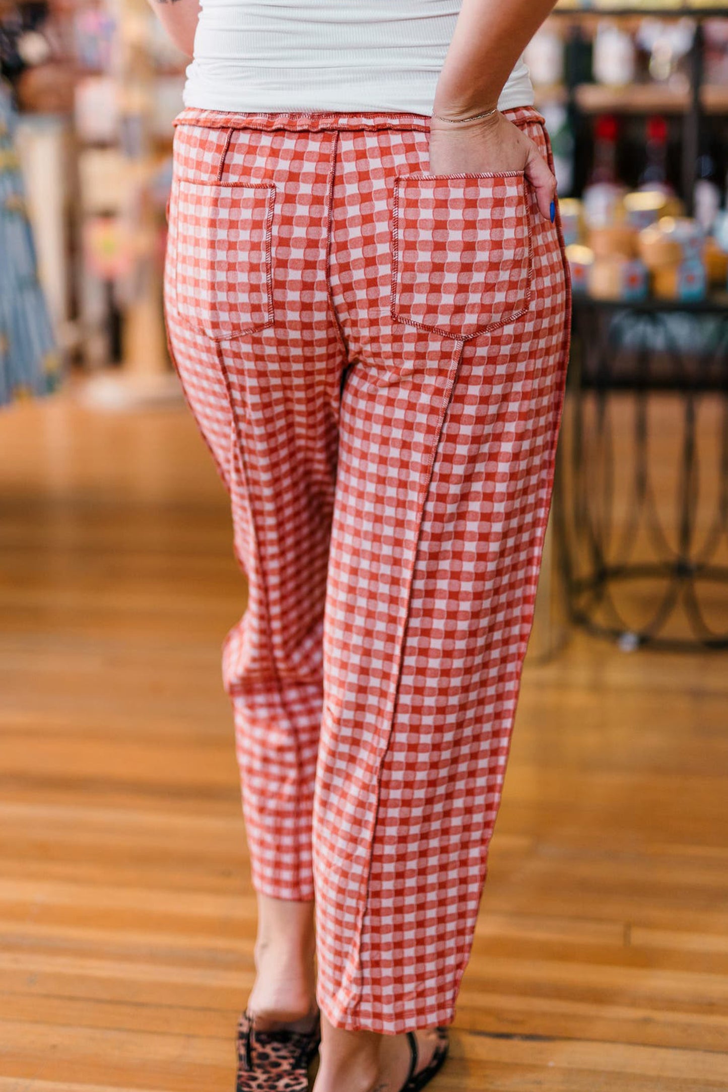 Green Plaid Contrast Trim Drawstring Elastic Waist Shift Pants