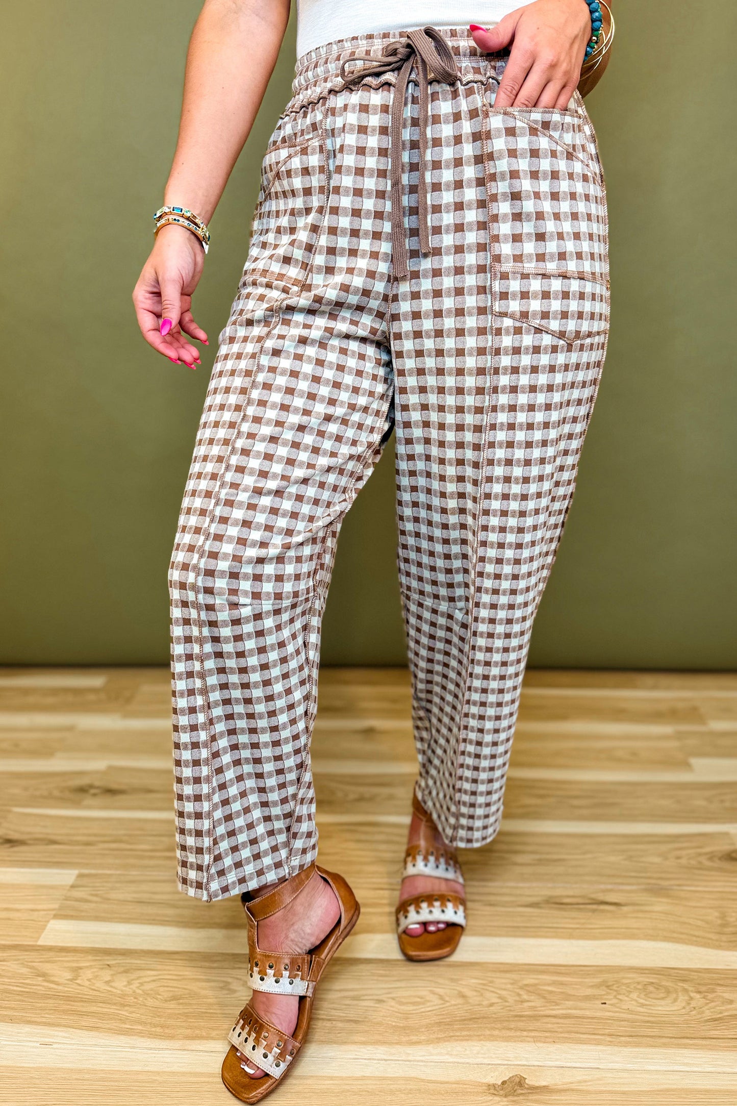 Green Plaid Contrast Trim Drawstring Elastic Waist Shift Pants