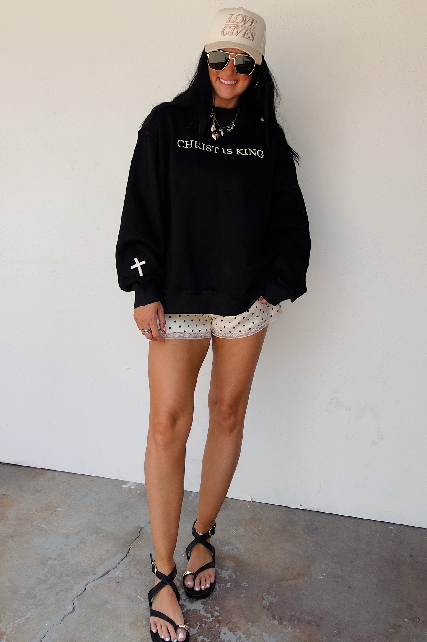 Black CHRIST IS KING Embroidery High Neck Baggy Sweatshirt