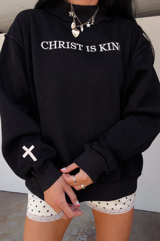 Black CHRIST IS KING Embroidery High Neck Baggy Sweatshirt