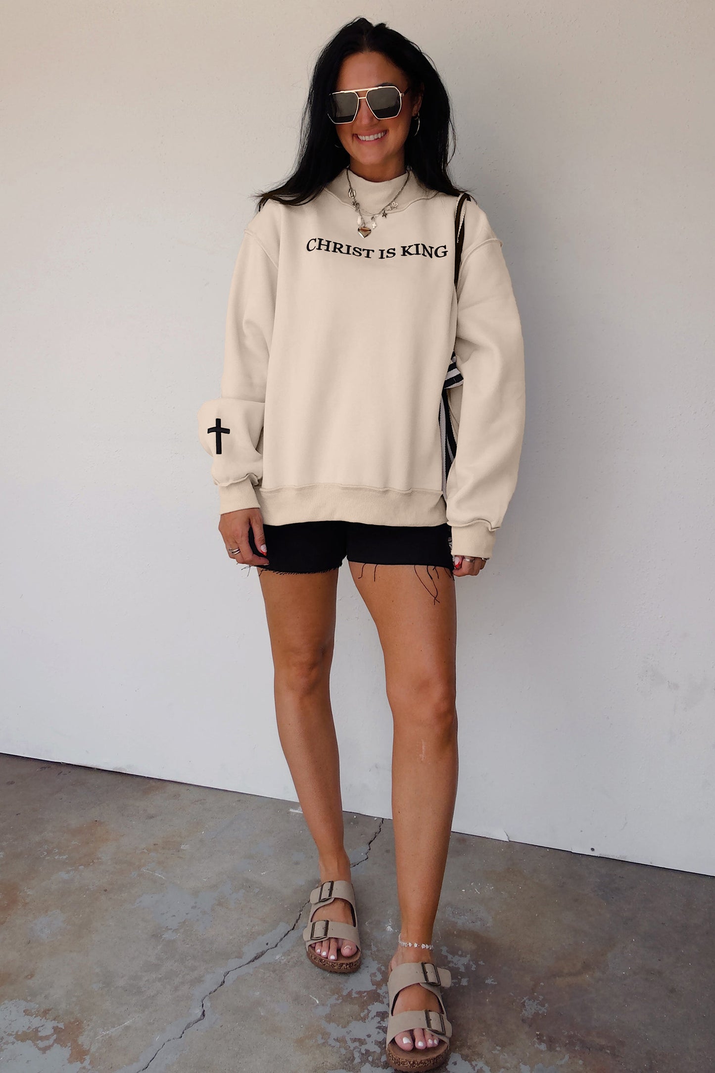 Black CHRIST IS KING Embroidery High Neck Baggy Sweatshirt