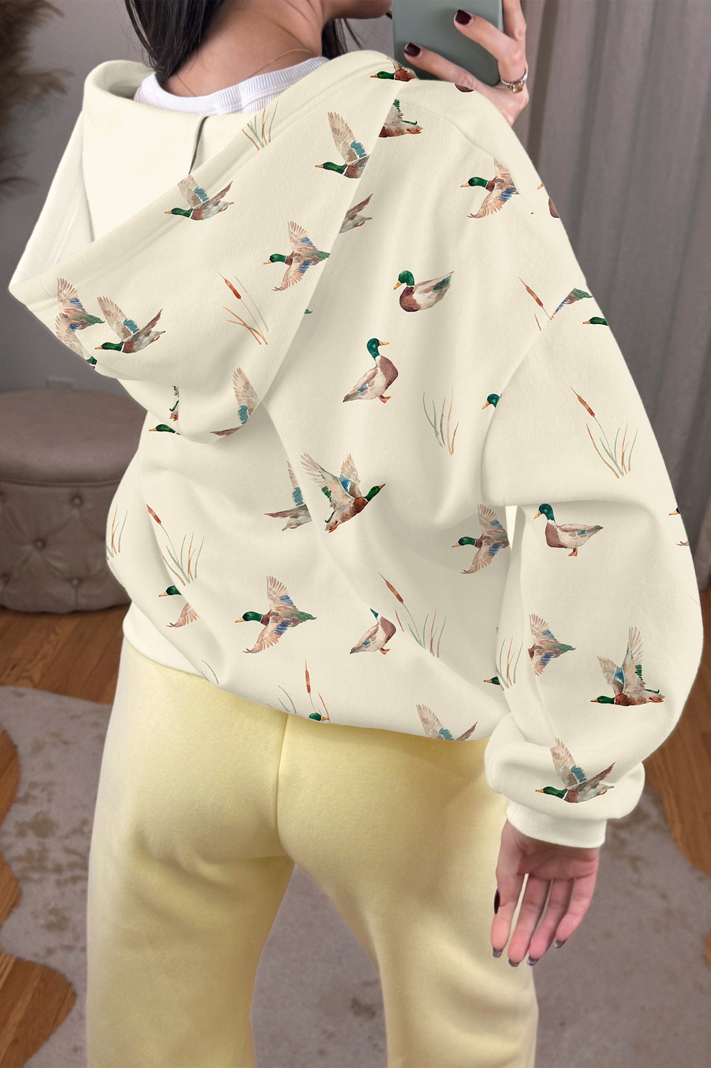Beige Cozy Duck Print Zip-Up Hoodie