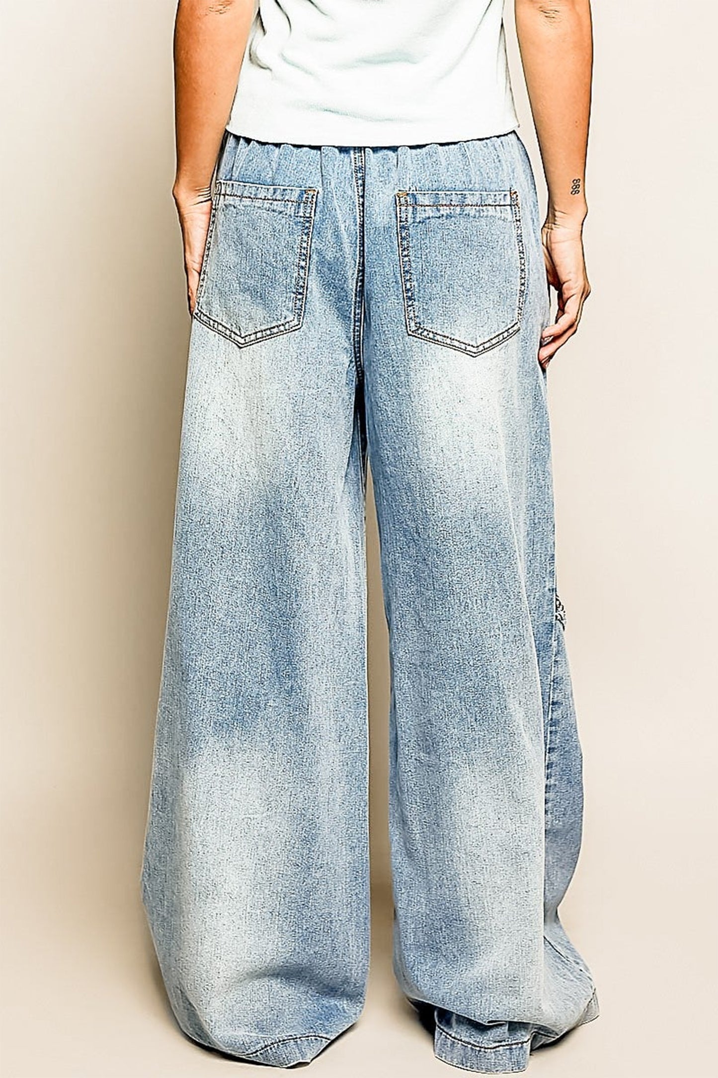 Beau Blue Frayed Studded Detail Wide Leg Pocketed Jeans