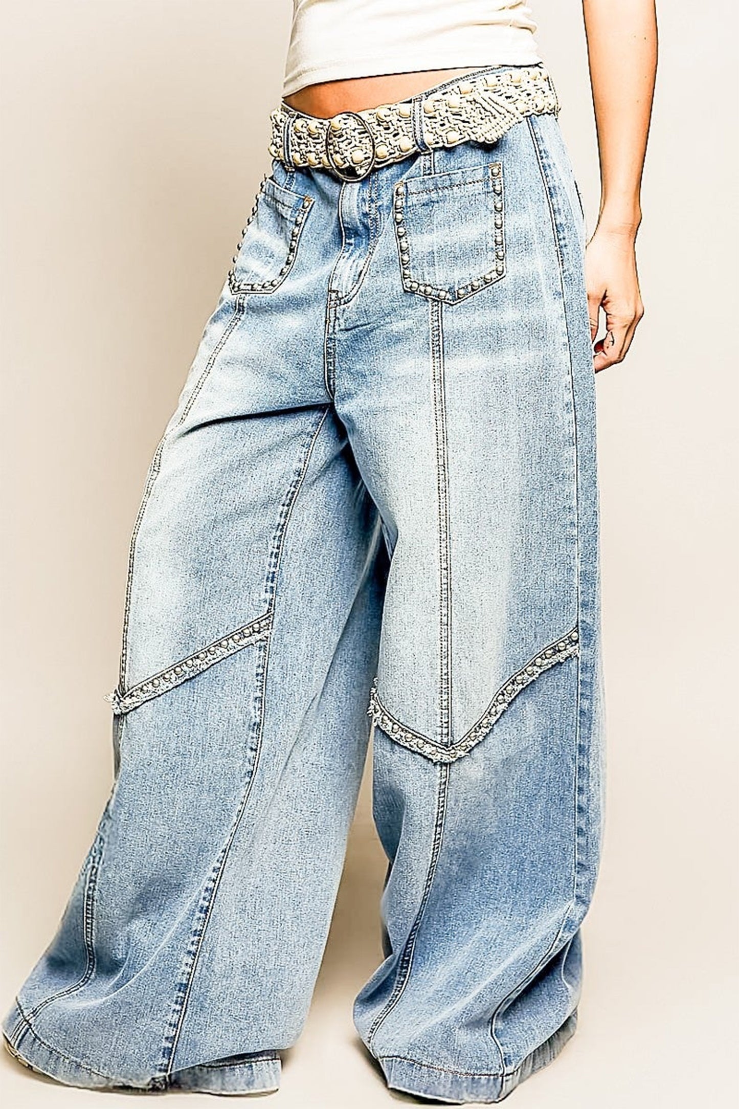 Beau Blue Frayed Studded Detail Wide Leg Pocketed Jeans