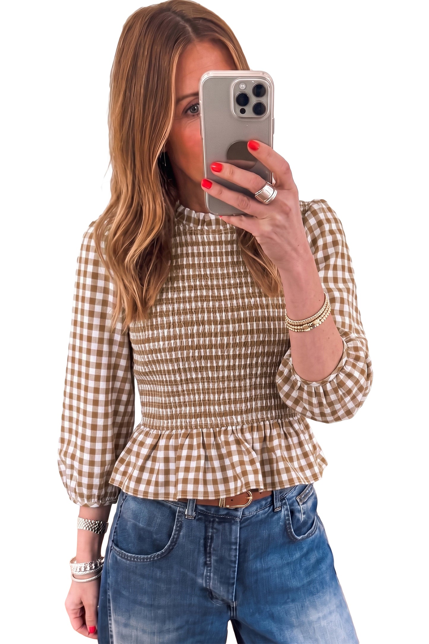 Green 3/4 Sleeve Shirred Plaid Peplum Top