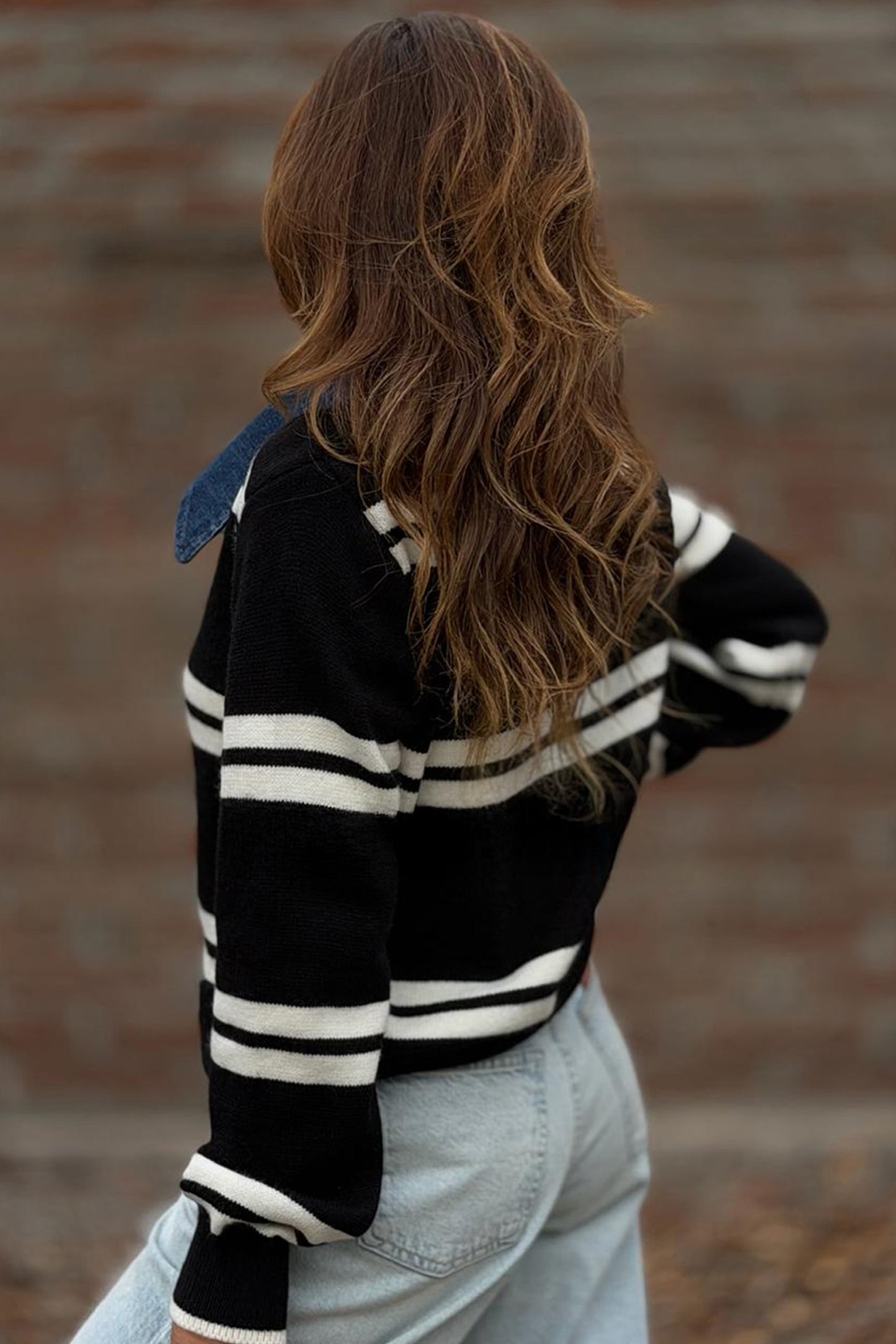 Black Stripe Denim Collar Patchwork Relaxed Knit Sweater