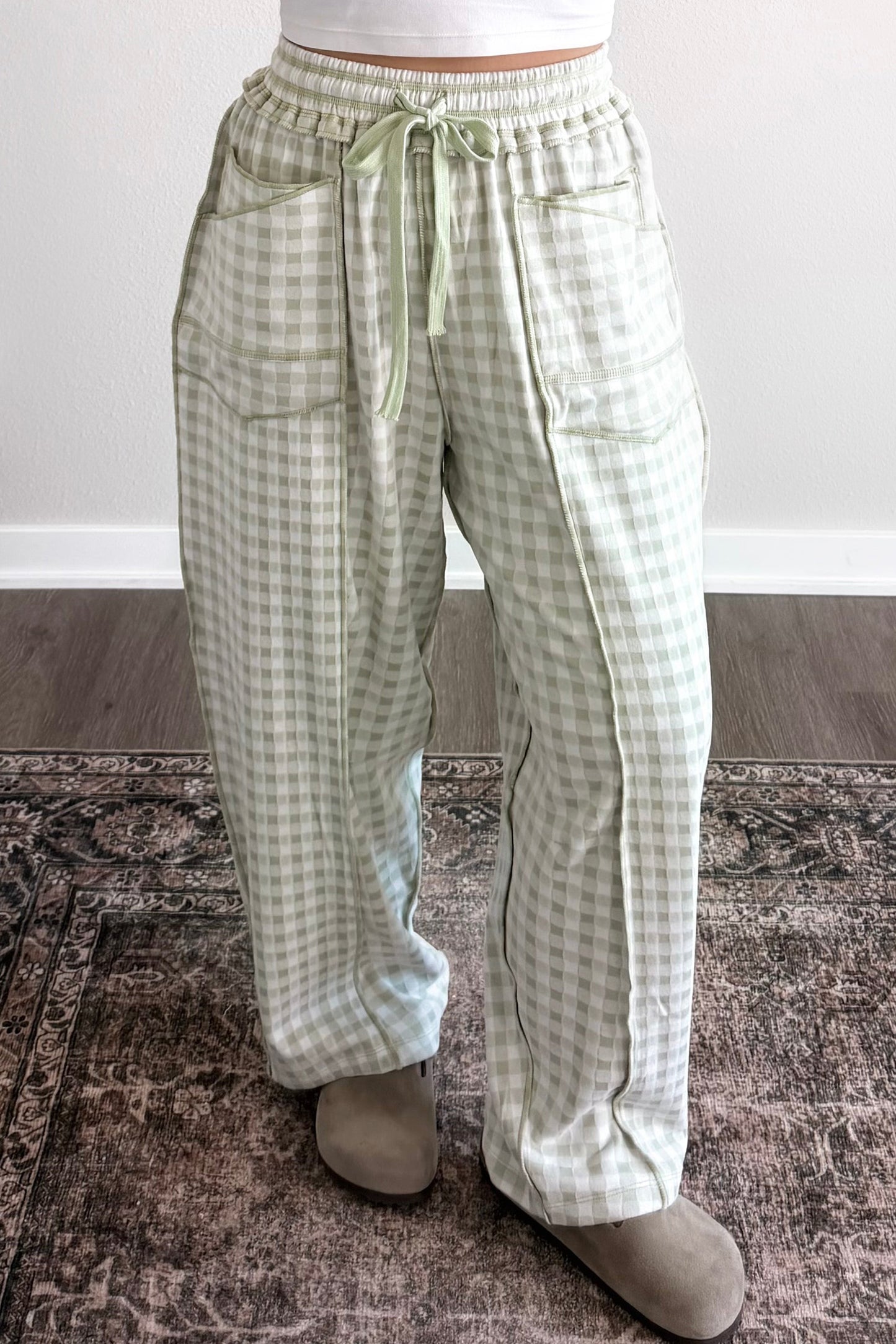 Green Plaid Contrast Trim Drawstring Elastic Waist Shift Pants