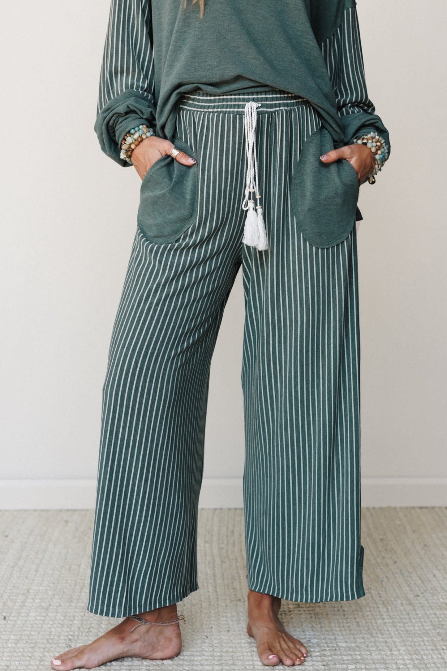 Fushia Raw Seam Patchwork Long Sleeve Top Pocket Casual Pants 2pcs Set