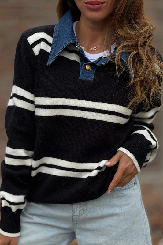 Black Stripe Denim Collar Patchwork Relaxed Knit Sweater