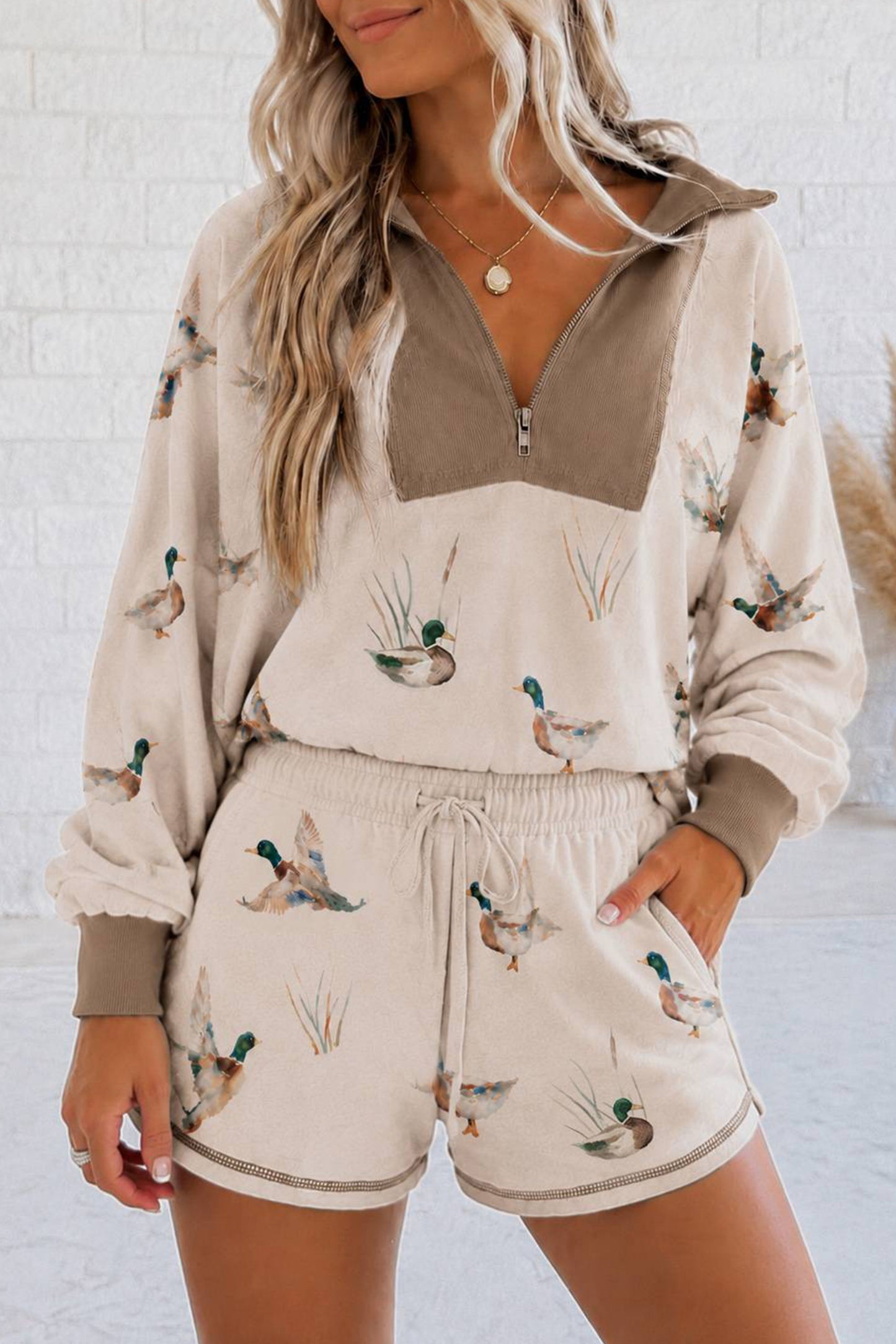 Khaki Mallard Print Color Block Patchwork Zip Pullover and Shorts Set