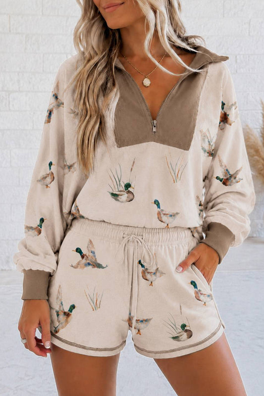 Khaki Mallard Print Color Block Patchwork Zip Pullover and Shorts Set