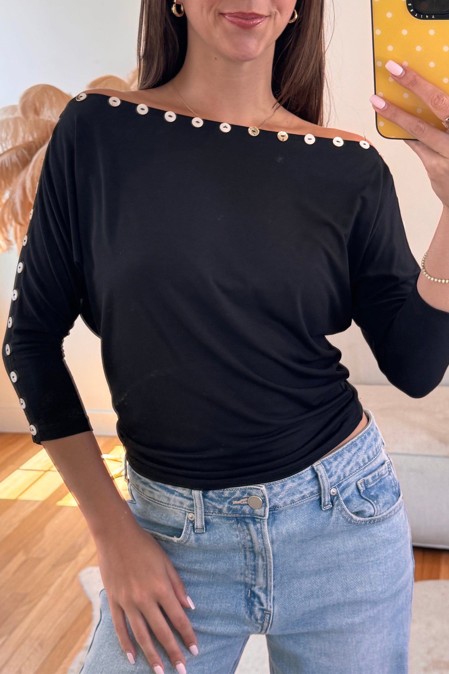 Black 3/4 Sleeve Button Detail Off Shoulder Top