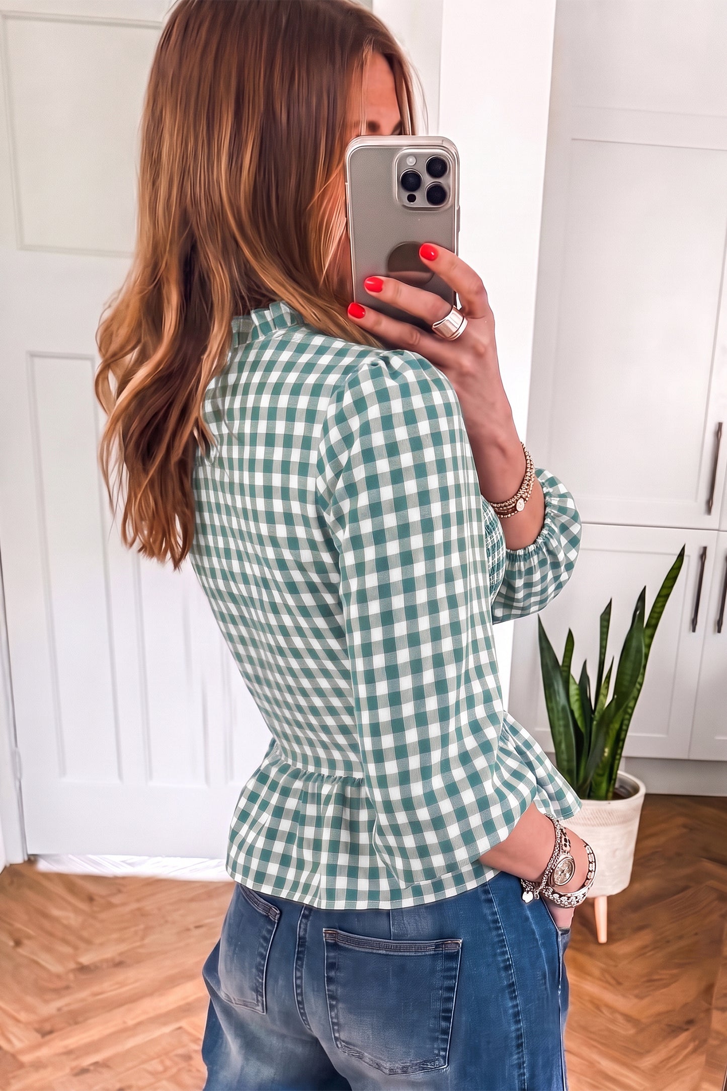 Green 3/4 Sleeve Shirred Plaid Peplum Top