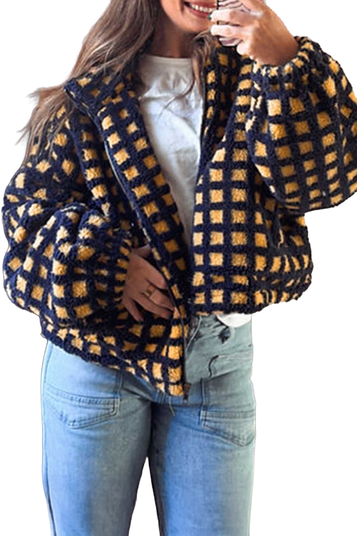 Blue Plaid Sherpa Fleece Zip Up Jacket
