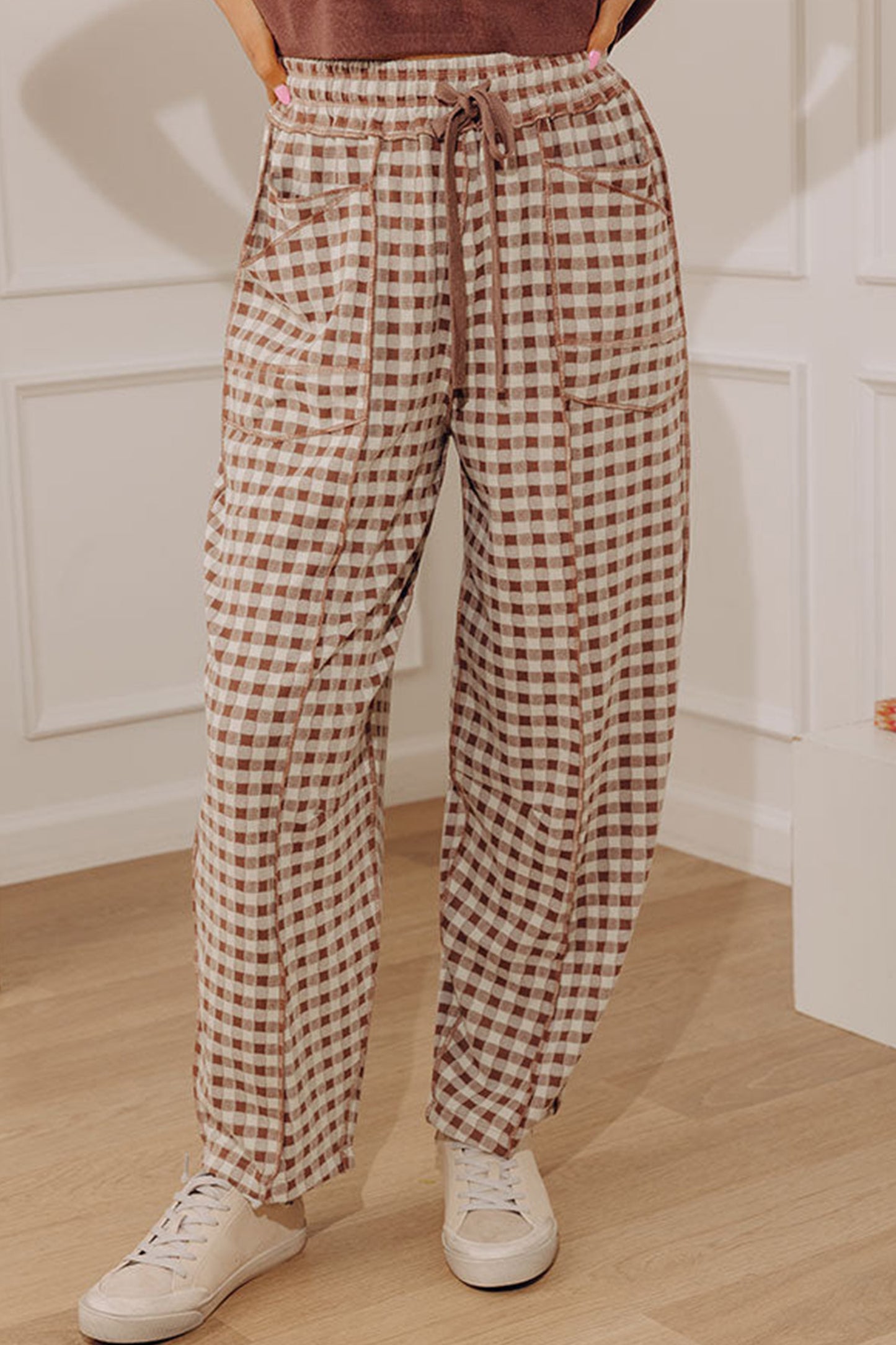 Green Plaid Contrast Trim Drawstring Elastic Waist Shift Pants