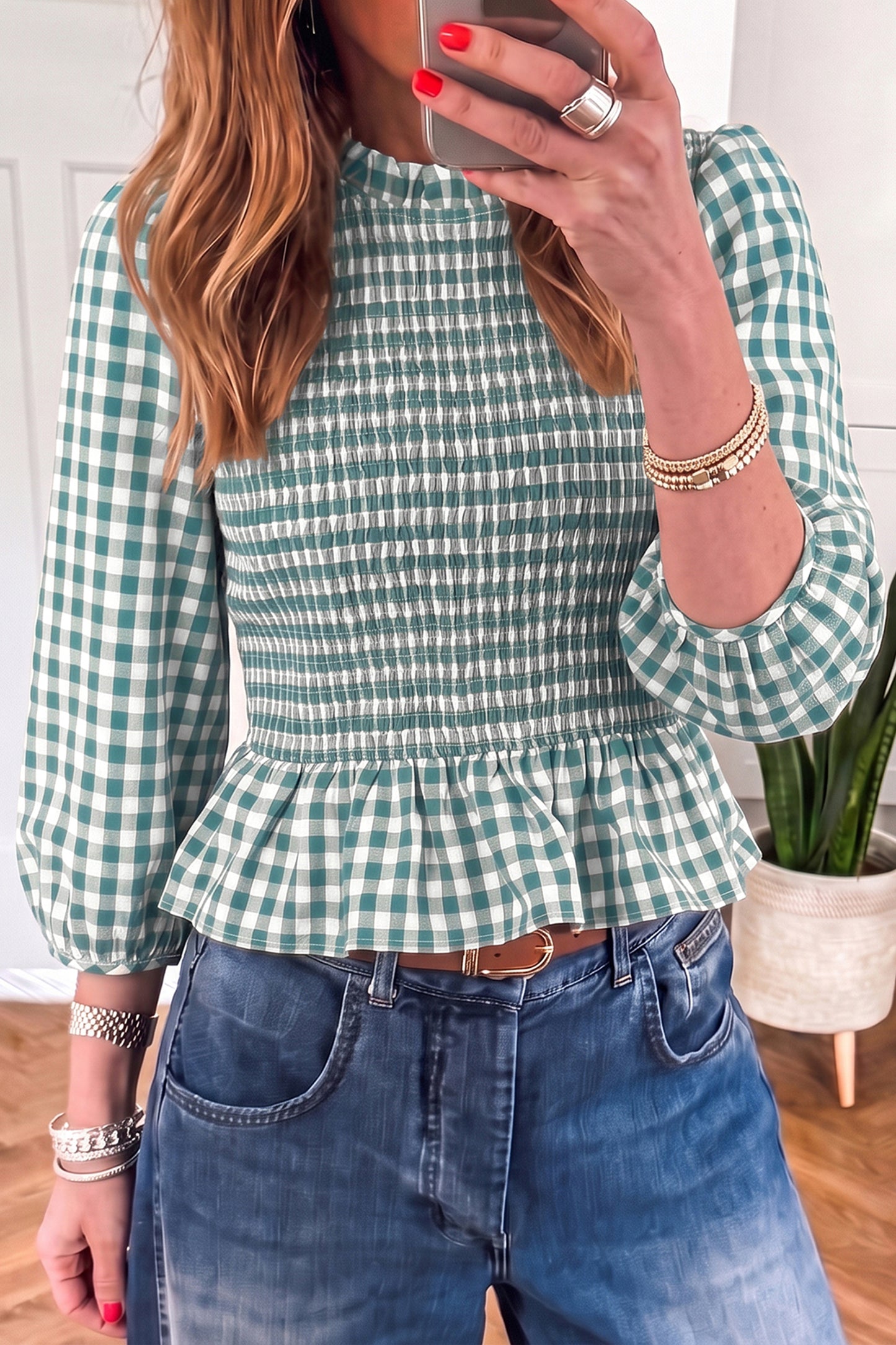 Green 3/4 Sleeve Shirred Plaid Peplum Top