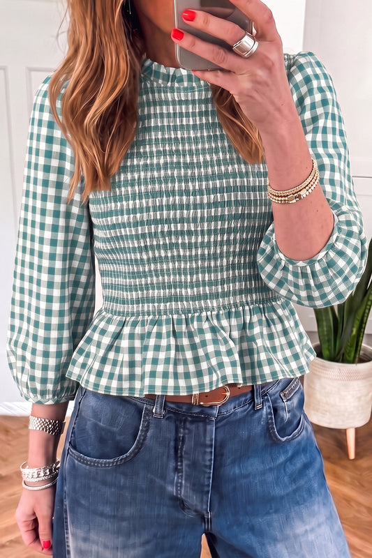 Green 3/4 Sleeve Shirred Plaid Peplum Top