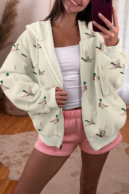 Beige Cozy Duck Print Zip-Up Hoodie