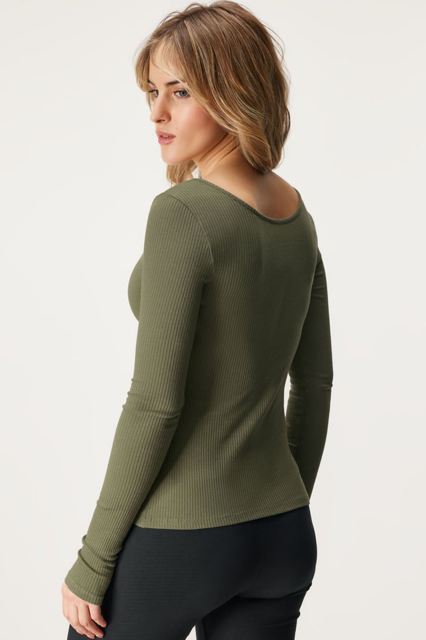 Moss Green Basic U Neck Long Sleeve Button Front Ribbed Fitted Top