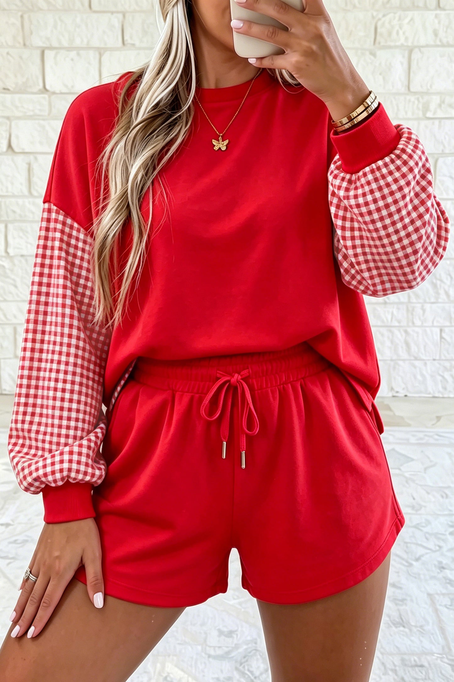 Blue Plaid Patchwork Long Sleeve Top Solid Drawstring Shorts Set