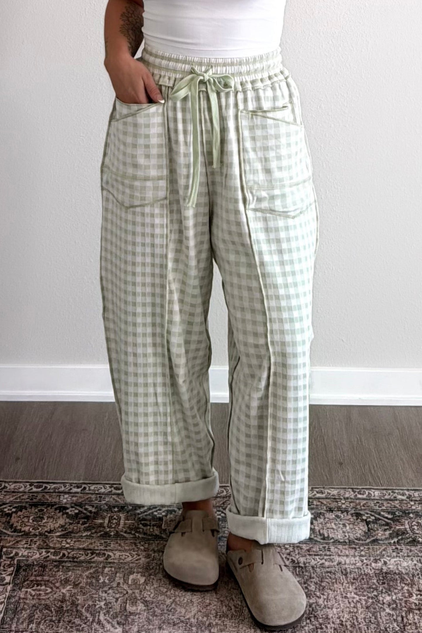 Green Plaid Contrast Trim Drawstring Elastic Waist Shift Pants
