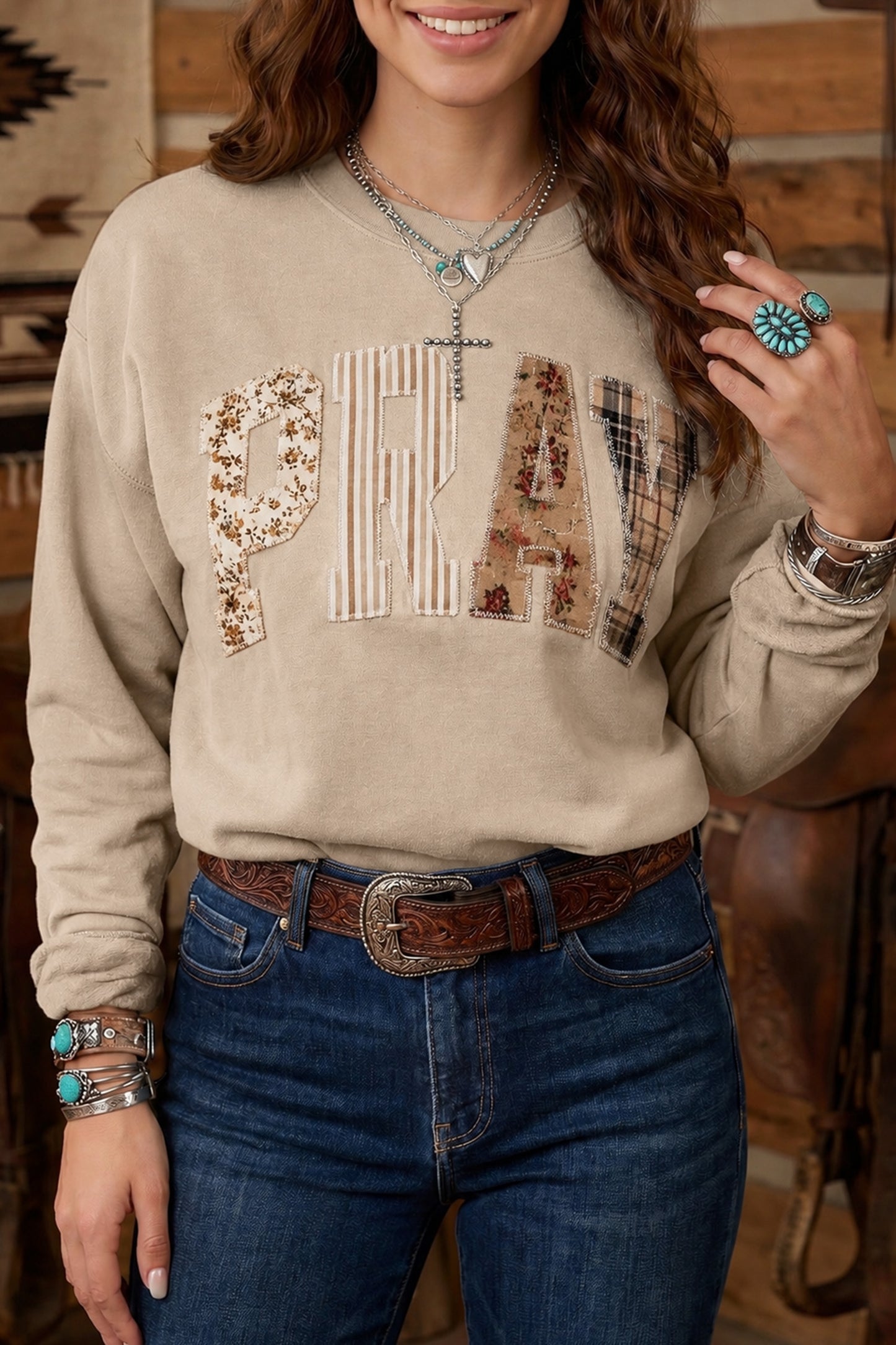 Racing Red Floral Buffalo Plaid Striped Embroidered Patch Western Pullover Sweatshirt