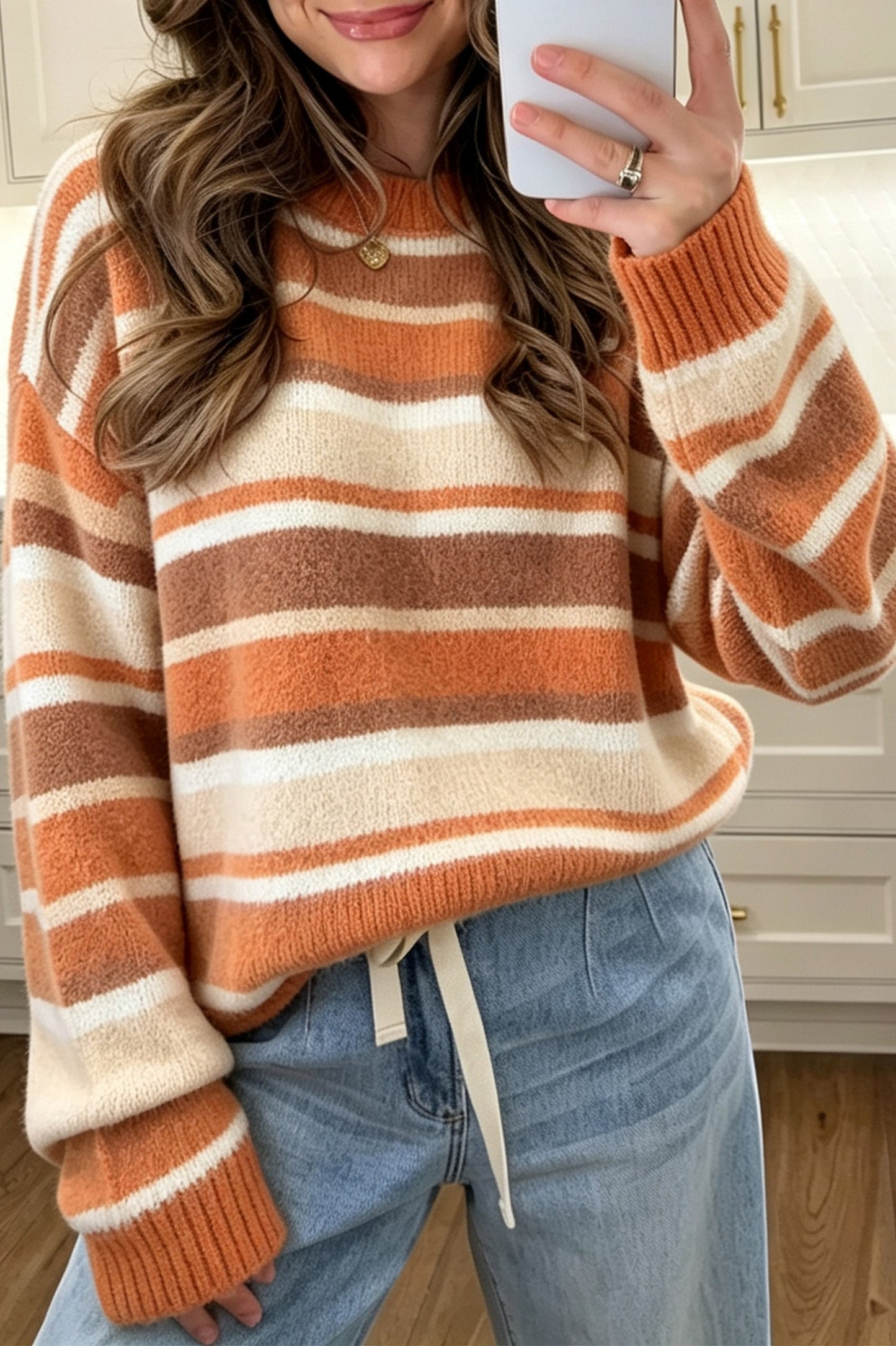 Orange Stripe Dropped Shoulder Loose Pullover Sweater